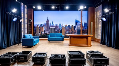 A brightly lit late night talk show set with a host desk and blue sofas as road cases are packed