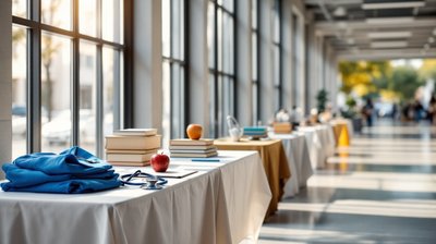 Hiring fair tables set with nurse scrubs, a stethoscope, books and an apple for different job interviews