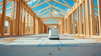 A small layout robot printing blue guide lines on the concrete slab of a timber-framed house