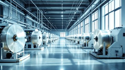 Rows of winding machines holding large spools of glass optical fiber in a bright factory