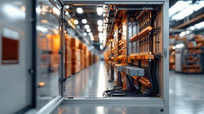 Copper busbars and cables inside an open electrical switchgear cabinet on a factory floor