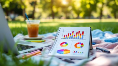 A notebook of colorful hand-drawn charts beside a laptop and iced coffee on a park picnic blanket