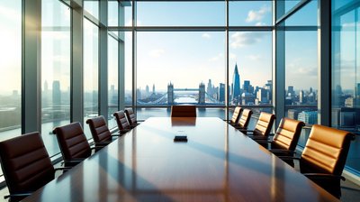An empty boardroom overlooking the Thames and Tower Bridge