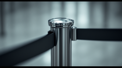 Close view of a chrome queue barrier post and its retracted belt