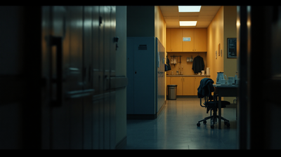 Hospital staff lounge seen from a dark corridor, lockers and a warmly lit counter beyond