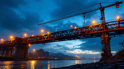 Steel truss bridge under construction at dusk, crane boom above, river below
