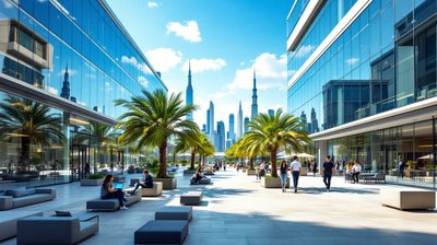 A glass technology campus courtyard in Dubai with palm trees and young professionals