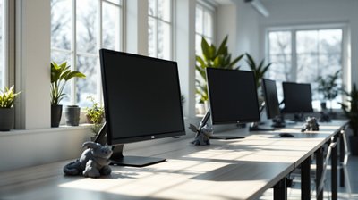 Empty game studio desks with switched-off monitors and small clay creature sculpts in winter daylight