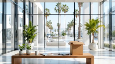 A cardboard box of personal belongings on a wooden bench in a sunny glass lobby of a California tech campus