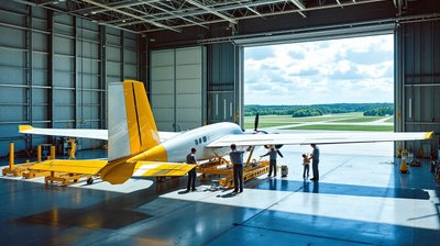 Ohio aircraft hangar, a white propeller plane on jigs, technicians small