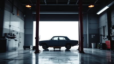 A car raised on a two-post lift in an independent garage service bay at closing time