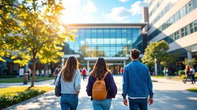 Three new graduates seen from behind walking toward a modern hospital and tech campus entrance