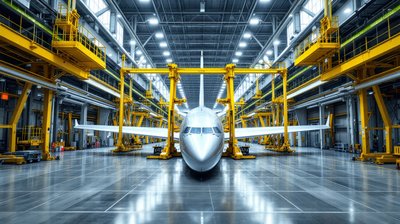 An aircraft held in yellow steel wing assembly jigs in a bright aircraft factory hall