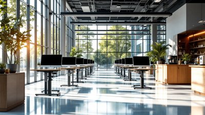 A bright open plan technology office with rows of desks and a coffee bar beside tall windows