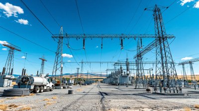 An electricity substation with steel gantries and transformers under a clear blue sky