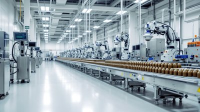 Artillery propellant charge canisters on a conveyor beside robotic arms in a clean production hall