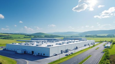 A data centre campus with rooftop cooling units on flat land among green Scottish hills