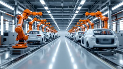 White car bodies moving along an assembly line between orange welding robots