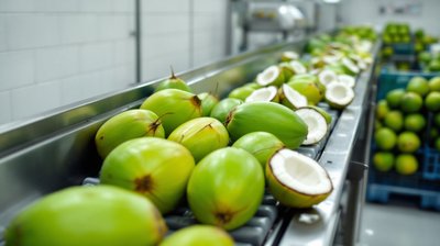 Green coconuts and opened coconuts on a stainless steel conveyor in a food factory