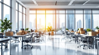 A bright office floor with packed cardboard boxes on desks and a city skyline beyond