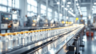 Glass vials with orange caps moving along a pharmaceutical production line