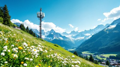 A mobile phone antenna mast on an alpine meadow above a Swiss village and snowy peaks