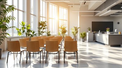 Rows of wooden chairs and a service counter in a sunlit public employment office