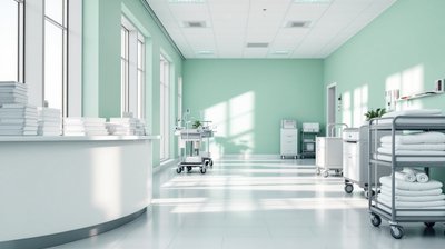 A hospital nursing station with medication carts and folded linen in a bright corridor