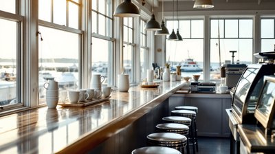 A diner counter with white coffee mugs and stools overlooking a harbour with boats