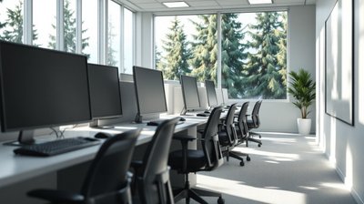 An IT support office with desks, monitors and chairs beside windows showing fir trees