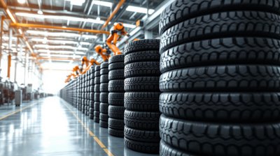 Tall stacks of new black tires beside orange robotic arms in a bright tire factory