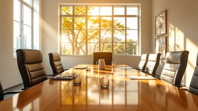 An empty sunlit interview room with a long wooden table, chairs and a water jug