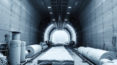 Rolls and panels of pale grey insulation lining a steel ship section under construction