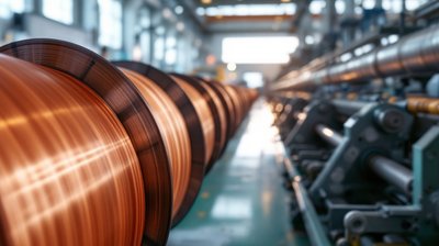 Large spools of fine copper coloured wire beside a wire drawing line in a metals plant