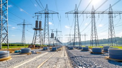 A new electricity substation with steel lattice gantries and cable drums in green countryside