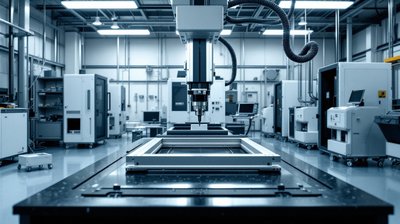 A coordinate measuring machine measuring a metal frame in a bright precision engineering lab