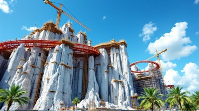 Theme park rockwork and red roller coaster track under construction with cranes and palm trees