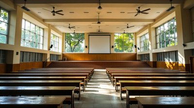 An empty university lecture hall with rows of wooden benches, ceiling fans and tall green windows