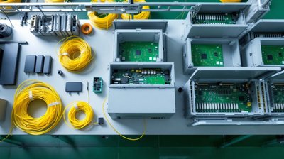 Open network router units with green circuit boards and coils of yellow optical fibre on an assembly bench