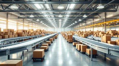 Long rows of roller conveyors and stacked brown parcels inside a bright parcel sorting centre