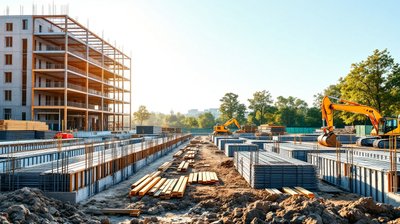 A hospital construction site with rebar foundations, stacked materials and yellow excavators in morning light