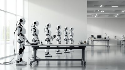 A row of white humanoid robots standing beside a workbench in a bright robotics showroom