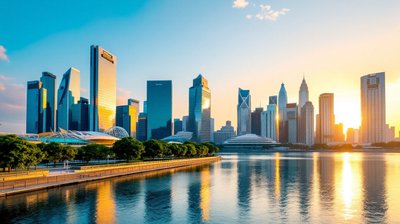 The Singapore business district skyline glowing at sunrise across calm Marina Bay water