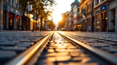 Low angle view of steel tram tracks on a cobbled Melbourne street catching the sunrise