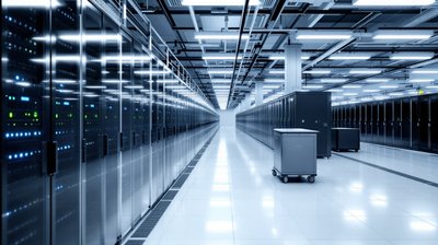 A long aisle of black server racks with small status lights in a bright cloud data centre