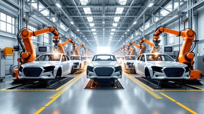 Orange robotic welding arms working on silver car bodies along a bright car factory line