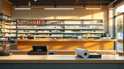 A tidy convenience store checkout counter with stocked shelves behind it in morning light