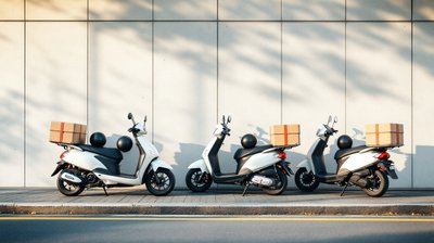 Four white delivery scooters with cargo boxes parked against a pale concrete wall