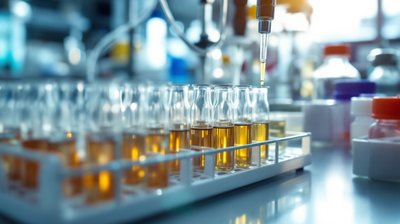 Glass vials of amber liquid in a white rack with a pipette above them in a laboratory