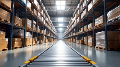 Long aisles of tall pallet racks stacked with wrapped boxes beside a roller conveyor in a bright warehouse